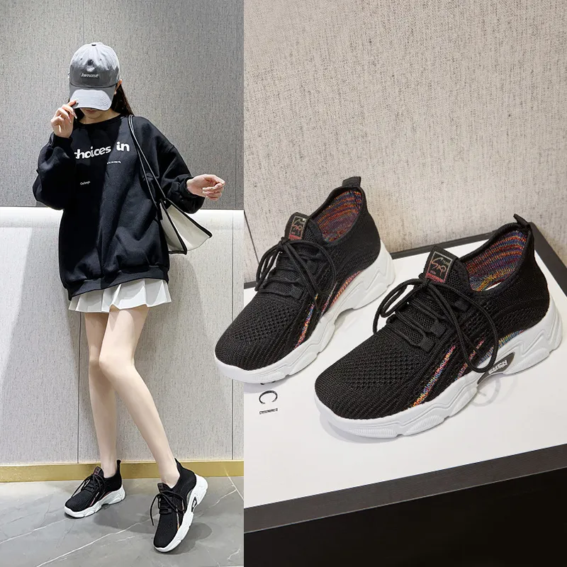 鞋子女2026春秋新款韩版潮流运动鞋厚底增高休闲单鞋透气飞织女鞋 图片 2