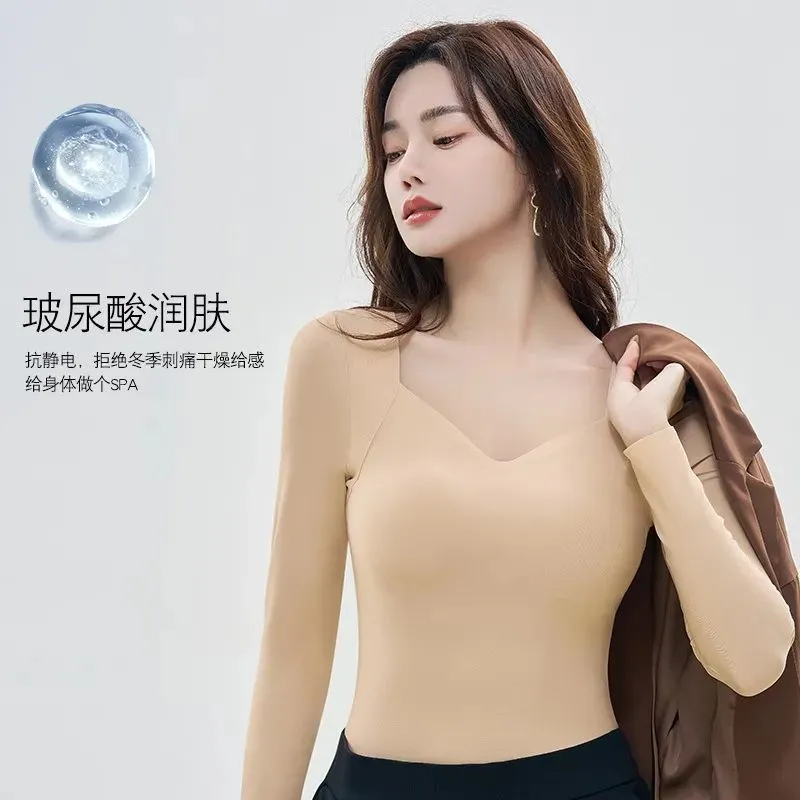 批发跨境爆款秋冬无痕大码长袖带胸垫一体式美肤衣女修身保暖内衣 图片 4