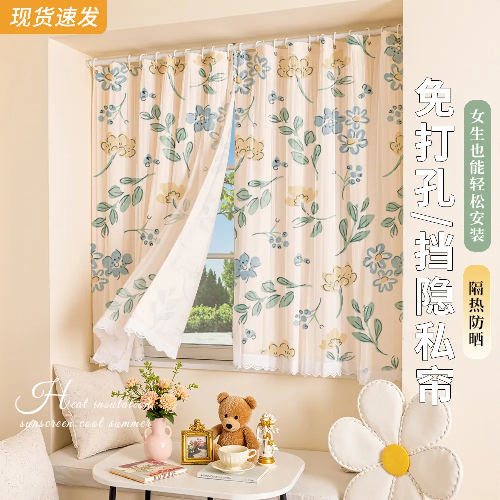 印花窗帘小清新窗帘双层带纱出租房飘窗隔音遮光布免打孔免安装帘 图片 3