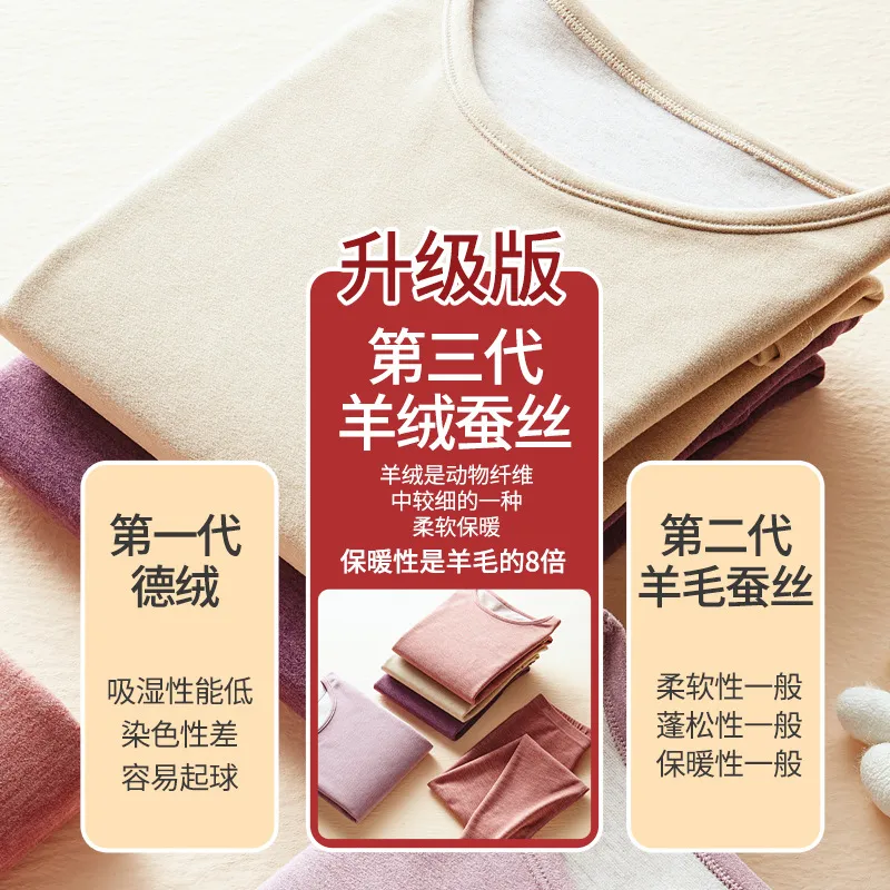羊绒蚕丝保暖内衣女士打底内穿秋衣秋裤男士学生加绒套装秋冬批发 图片 3