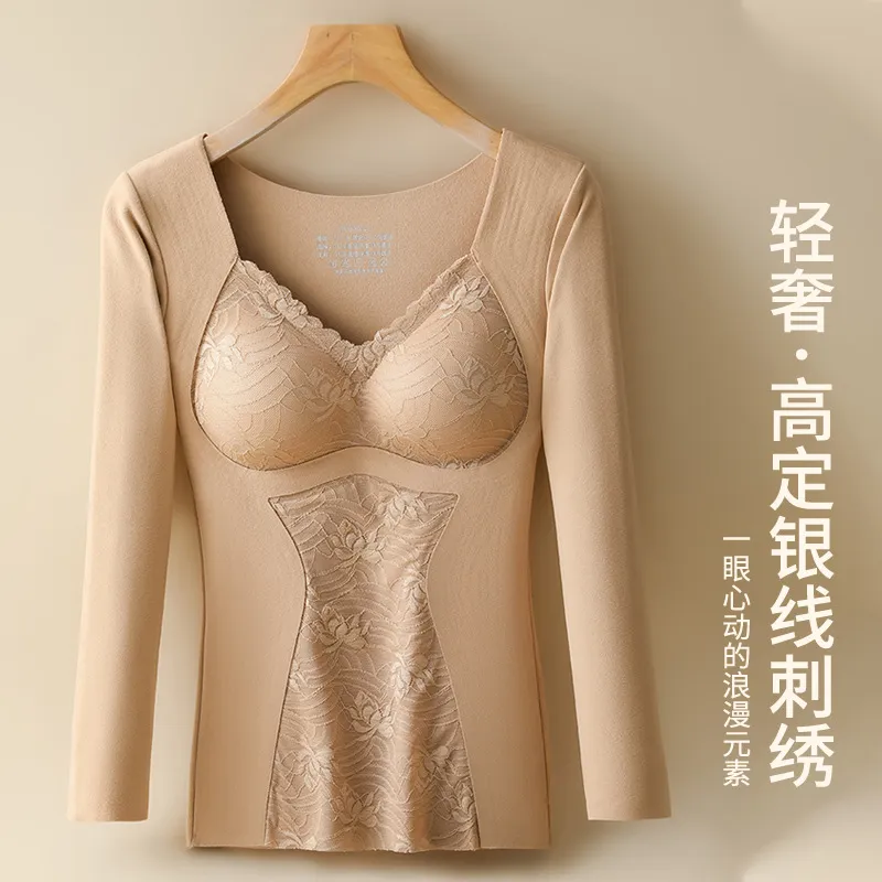 秋冬固定杯带胸垫长袖女士保暖内衣蓄热打底塑身上衣蕾丝保暖背心 图片 2