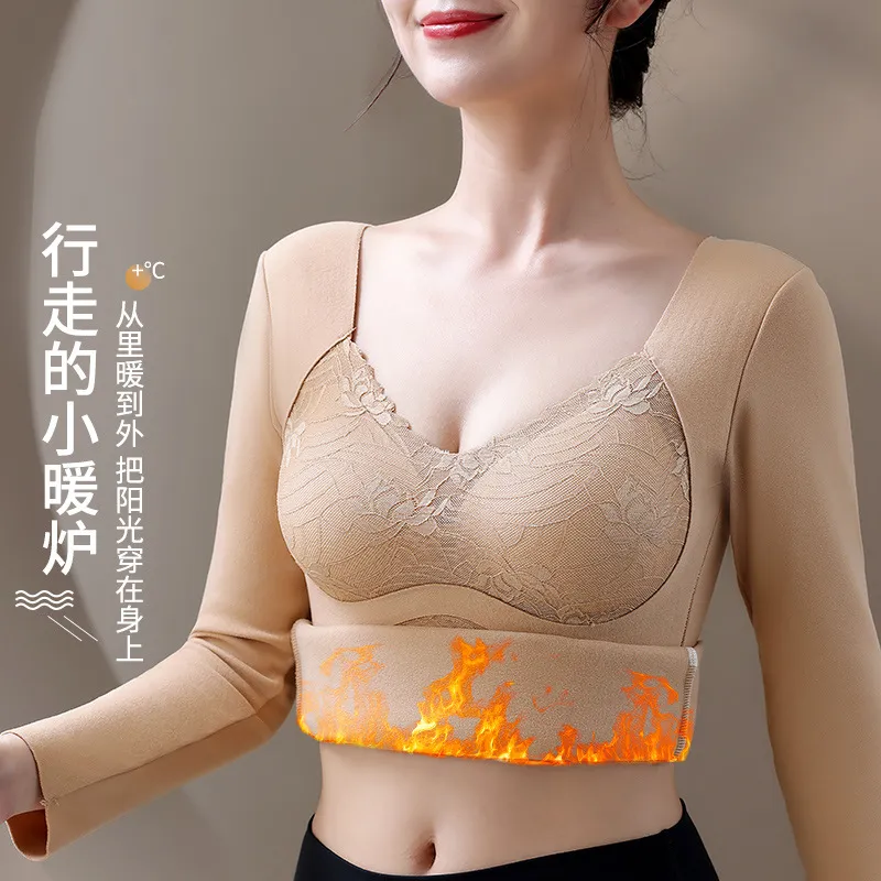 秋冬固定杯带胸垫长袖女士保暖内衣蓄热打底塑身上衣蕾丝保暖背心 图片 3