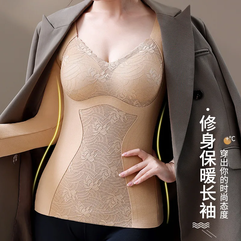 秋冬固定杯带胸垫长袖女士保暖内衣蓄热打底塑身上衣蕾丝保暖背心 图片 4