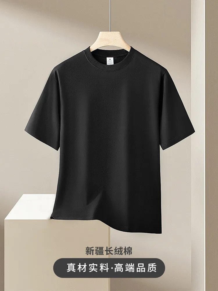 库存210g新疆长绒棉重磅纯棉半袖纯色圆领打底T恤短袖T恤男宽松 图片 4
