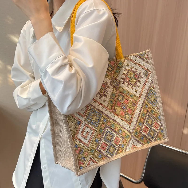大容量通勤包包女2023新款时尚单肩托特包民族风学生手提上课包潮 图片 2