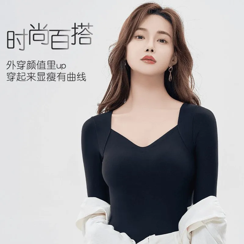 批发跨境爆款秋冬无痕大码长袖带胸垫一体式美肤衣女修身保暖内衣 图片 2