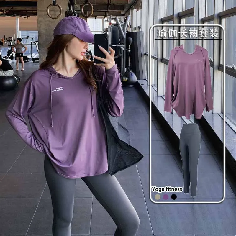 宽松显瘦健身服大码胖mm跑步瑜伽上衣速干运动T恤女长款连帽罩衫 图片 2