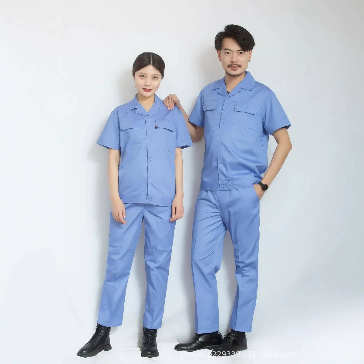 夏季工作服套装男 工厂车间汽修服耐磨劳保服 浅蓝浅灰多色可选 图片 3